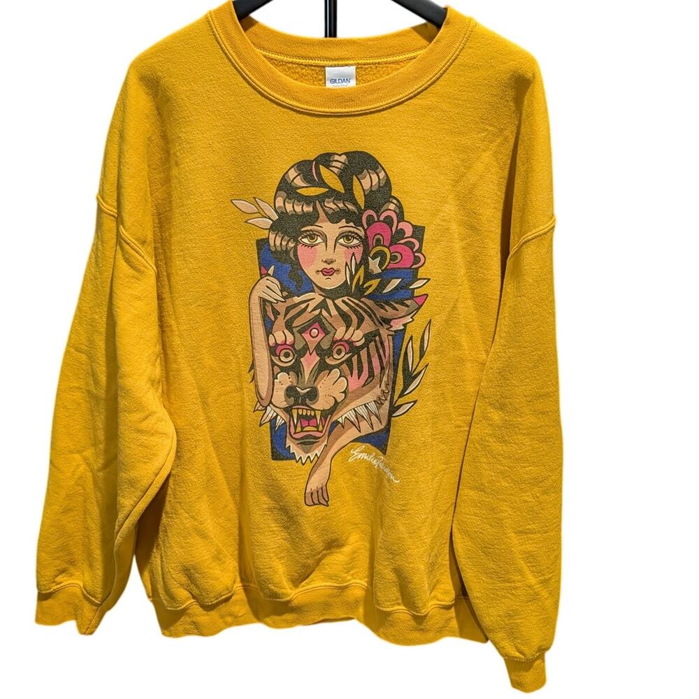 Tattoo Flash Tiger Woman Graphic Sweatshirt Mustard Yellow XL